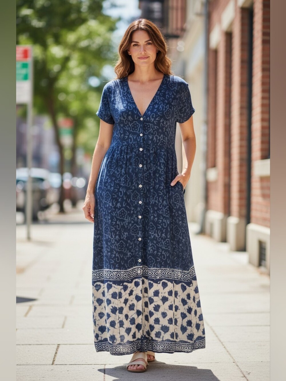 NATURAL LIFE Navy Blue Printed Button-Front Maxi Dress